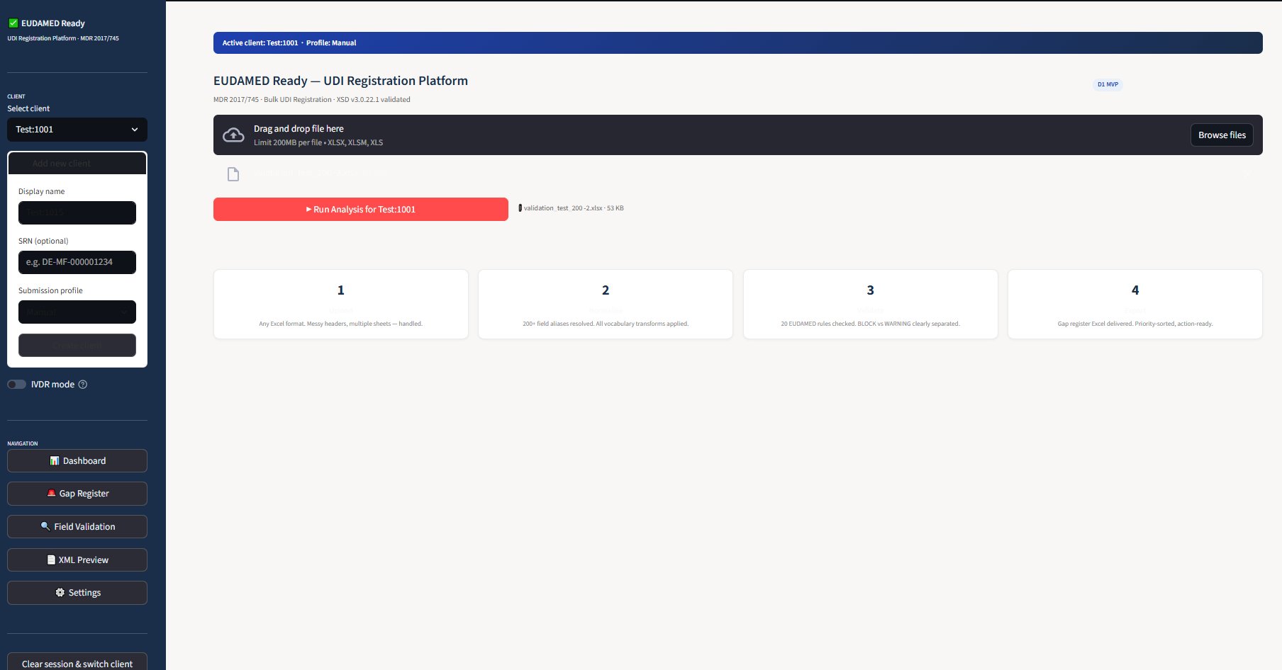 Analysis screen with Run Analysis button