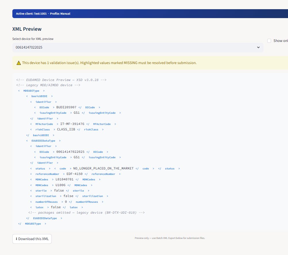 XML preview showing validated EUDAMED device submission